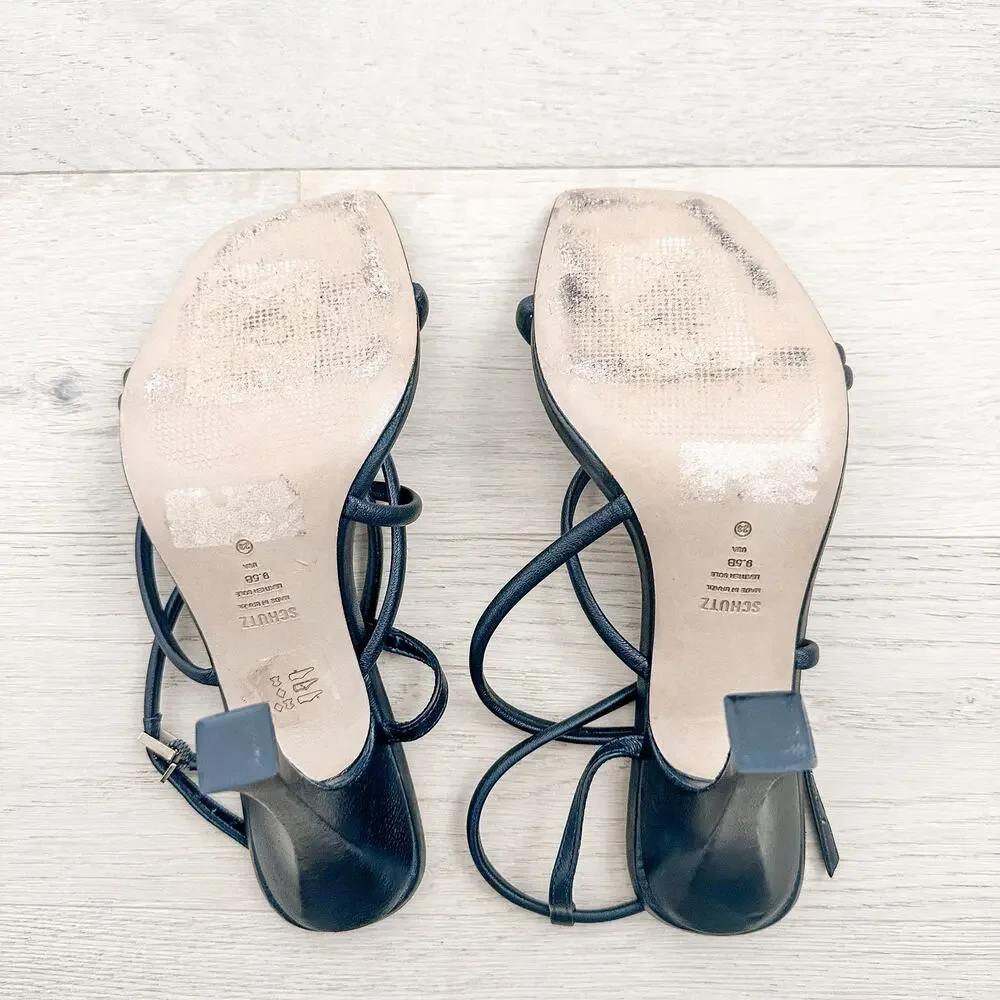 Schutz Lovi Strappy Leather Heel Sandals Black 9.5B Minimal 90s Party Glam Luxe‎ - Picture 11 of 11